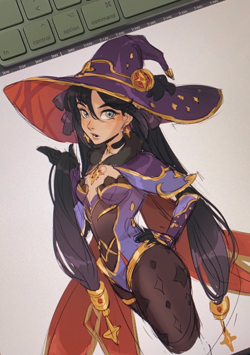 1girl, aqua_eyes, black_gloves, black_hair, black_neckwear, black_pantyhose, black_ribbon, blue_eyes