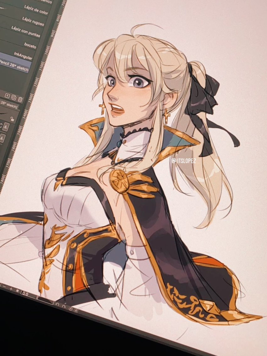 1girl, black_ribbon, blonde_hair, breasts, cape, cleavage, cross, detached_sleeves