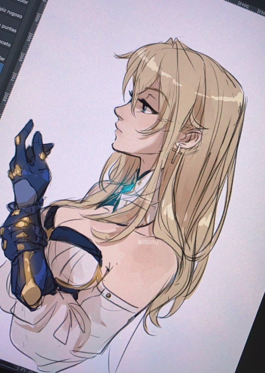 1girl, alternate_hairstyle, bare_shoulders, blonde_hair, breasts, cleavage, closed_mouth, detached_sleeves