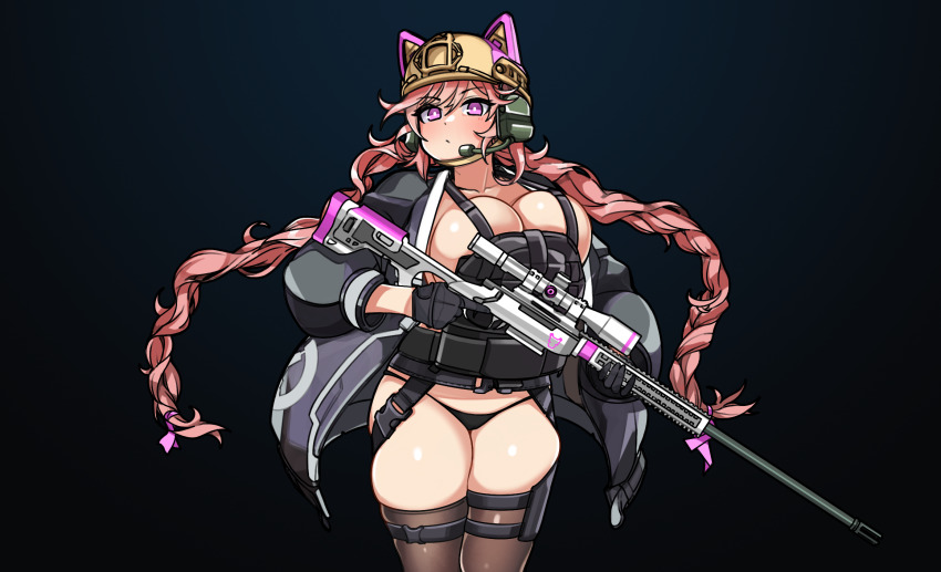 1girl, ahoge, animal_ears, black_background, black_gloves, black_panties, black_thighhighs, blush