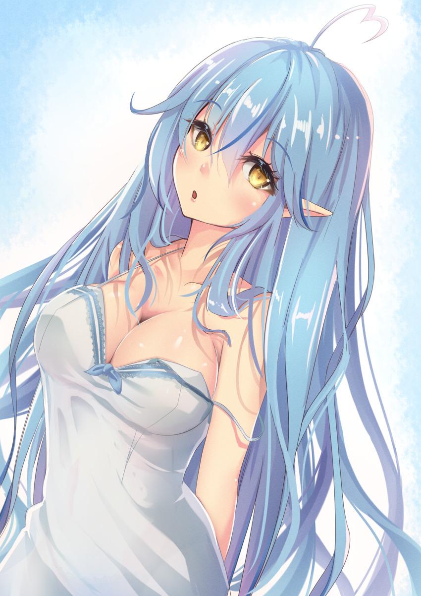 1girl, arms_behind_back, bare_shoulders, blue_hair, breasts, chibimame, cleavage, collarbone