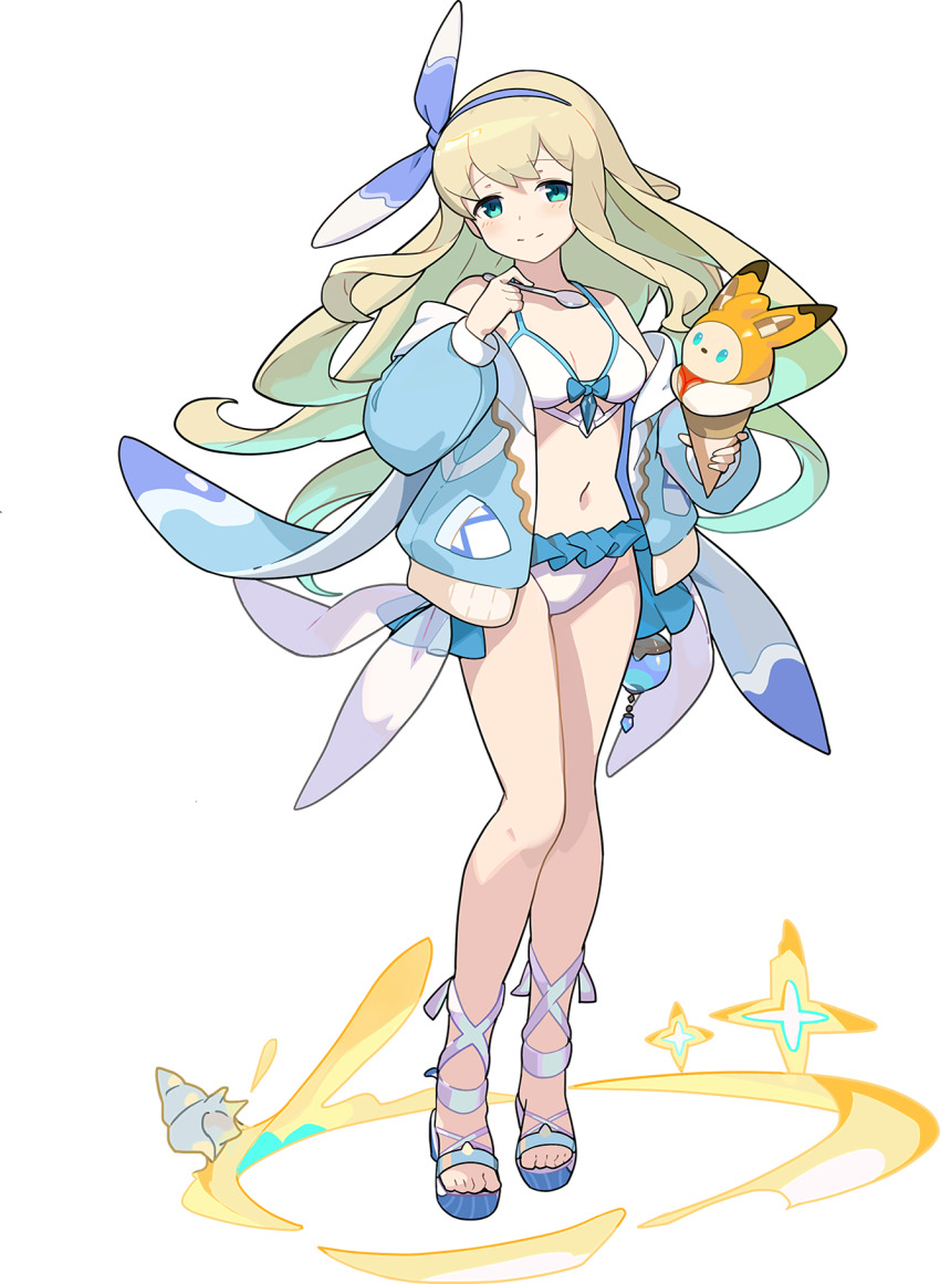 1girl, aqua_eyes, artist_request, bare_shoulders, bikini, blonde_hair, blue_hairband, blue_jacket, blue_sandals, blush, bow, bow_bikini, breasts, checkerboard_cookie, closed_mouth, cookie, crystal, dessert, female_focus, food, frilled_bikini, frills, full_body, hairband, half-closed_eyes, hands_up, happy, highres, holding, holding_food, holding_spoon, ice_cream, ice_cream_cone, jacket, knees_together_feet_apart, liesel_(world_flipper), light_(world_flipper), long_hair, long_sleeves, looking_at_viewer, navel, non-web_source, objectification, off-shoulder_jacket, off_shoulder, official_art, open_clothes, open_jacket, platform_sandals, pocket, sandals, seashell, shell, sidelocks, simple_background, small_breasts, smile, solo, sparkle, spoon, standing, stomach, swimsuit, transparent_background, very_long_hair, white_bikini, white_sandals, world_flipper
