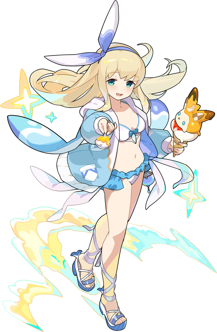 1girl, aqua_eyes, arm_up, artist_request, bikini, blonde_hair, blue_hairband, blue_jacket, blue_sandals, blush, bow, bow_bikini, breasts, checkerboard_cookie, cookie, crystal, dessert, female_focus, food, frilled_bikini, frills, full_body, hairband, half-closed_eyes, hand_up, happy, highres, holding, holding_food, holding_spoon, ice_cream, ice_cream_cone, incoming_food, jacket, liesel_(world_flipper), light_(world_flipper), long_hair, long_sleeves, looking_at_viewer, navel, non-web_source, objectification, official_art, open_clothes, open_jacket, open_mouth, outstretched_arm, platform_sandals, pocket, sandals, sidelocks, simple_background, small_breasts, smile, solo, sparkle, spoon, standing, stomach, swimsuit, transparent_background, white_bikini, white_sandals, world_flipper