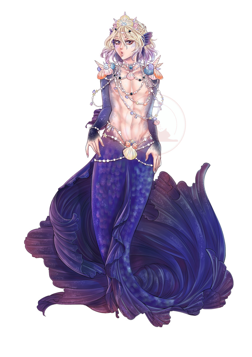 1boy, blonde_hair, blue_tail, bracelet, emienvee2811, eyelashes, fins, fish_tail, hair_ornament, head_fins, highres, jewelry, male_focus, mermaid, merman, monster_boy, monster_girl, multicolored_hair, pearl_bracelet, purple_eyes, purple_hair, scales, shell, shell_hair_ornament, solo, tail, twisted_wonderland, two-tone_hair, vil_schoenheit