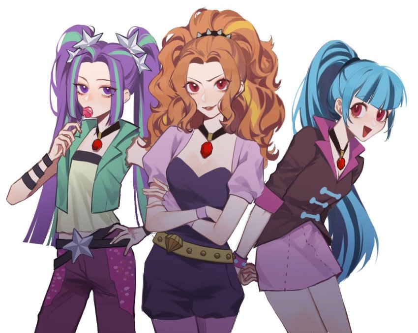 3girls, adagio_dazzle, adagio_dazzle_(human), aegyo_sal, aria_blaze, aria_blaze_(human), blue_hair, blunt_bangs, candy, equestria_girls:_rainbow_rocks, food, hand_on_own_hip, lollipop, multicolored_hair, multiple_girls, my_little_pony, my_little_pony:_equestria_girls, my_little_pony:_friendship_is_magic, orange_hair, pendant_choker, ponytail, purple_eyes, purple_hair, red_eyes, simple_background, sonata_dusk, sonata_dusk_(human), streaked_hair, two_side_up, white_background, xieyanbbb