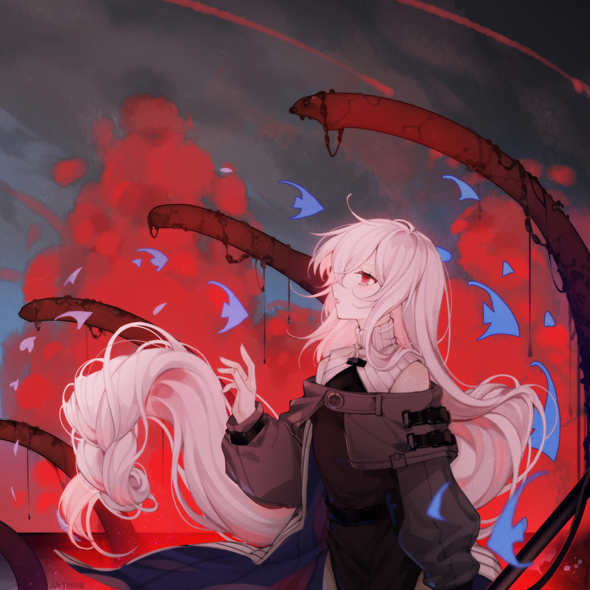 1girl, arknights, bare_shoulders, black_dress, commentary_request, dress, facing_to_the_side, from_side