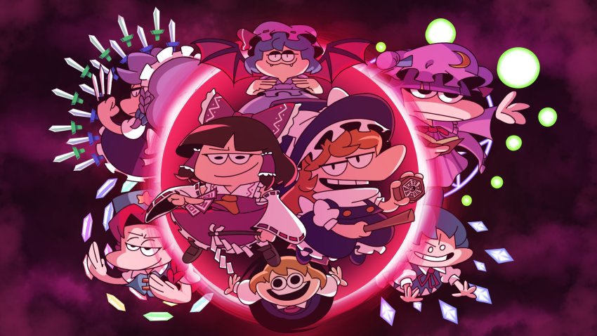 6+girls, :3, :d, :|, ascot, bat_wings, beret, black_dress