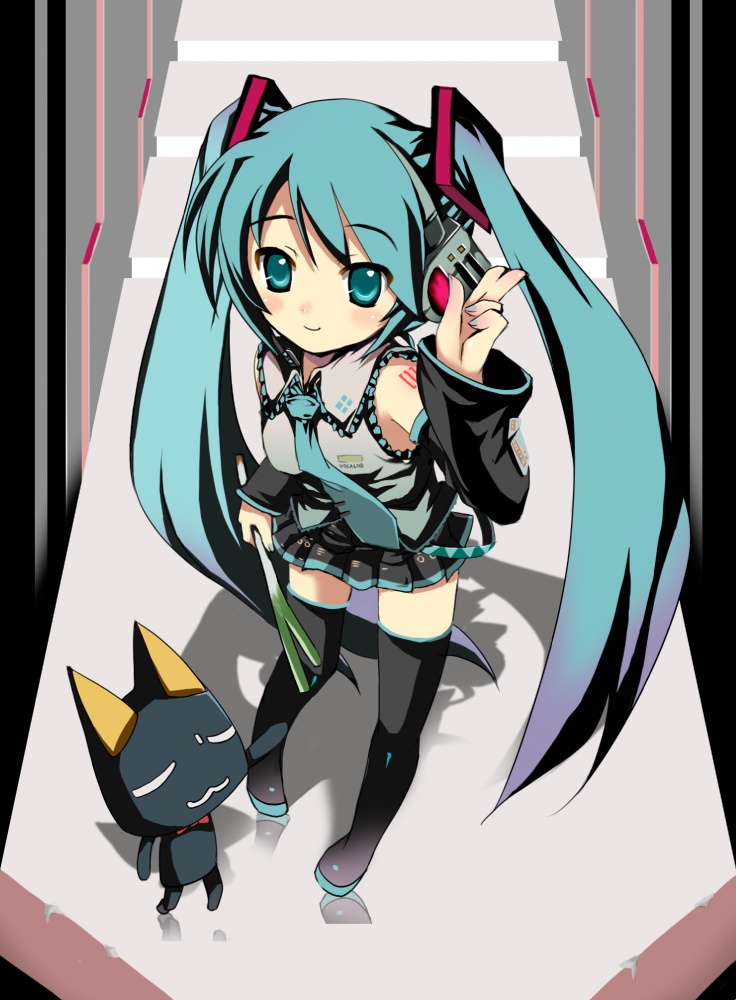 1girl, aqua_eyes, aqua_hair, aqua_nails, black_cat, cat, crossover, doko_demo_issyo