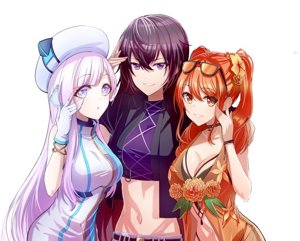 3girls, :o, bare_shoulders, belt, beret, bikini, black_bikini, black_hair, black_jacket, blunt_bangs, bracelet, breasts, brown_belt, brown_eyes, chinese_commentary, cleavage, collarbone, commentary_request, cowboy_shot, crop_top, cropped_jacket, crossed_bangs, d4dj, dress, eyewear_on_head, flower, gloves, grey_eyes, grin, groin, hair_between_eyes, hair_flower, hair_ornament, hand_on_another's_back, hand_on_another's_shoulder, hand_up, hat, headphones, highleg, highleg_bikini, himegami_shano, izumo_saki, jacket, jewelry, kzu_(kougami), large_breasts, looking_at_viewer, midriff, multiple_girls, navel, open_clothes, open_jacket, orange_hair, parted_lips, purple_eyes, see-through_clothes, seto_rika, shirt, shorts, sidelocks, simple_background, sleeveless, sleeveless_dress, smile, standing, sunglasses, swimsuit, taut_clothes, taut_dress, taut_shirt, teeth, twintails, white_background, white_dress, white_gloves, white_headwear, white_shorts, wrist_wrap