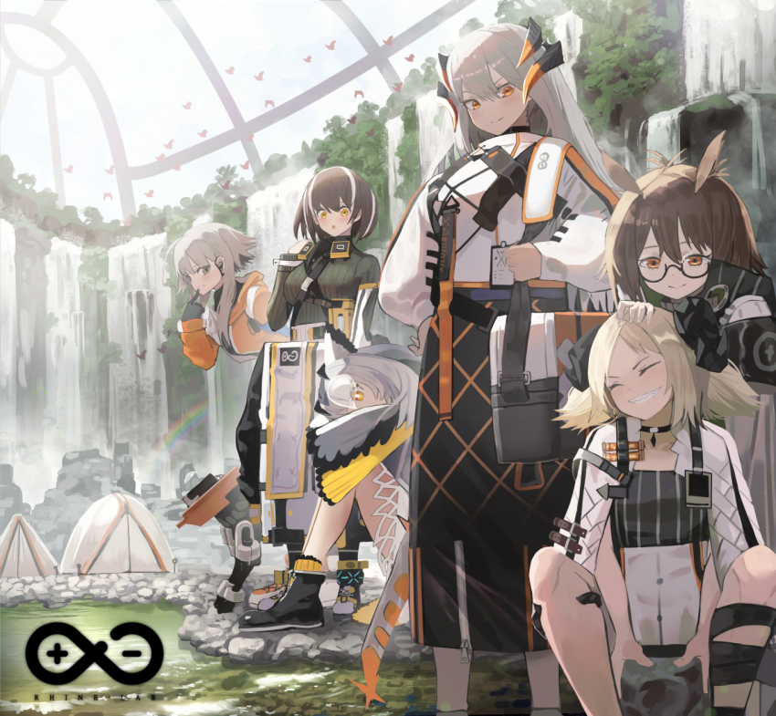 6+girls, arknights, bannouyakunta, bird_girl, bird_mask, breasts, brown_hair, demon_girl