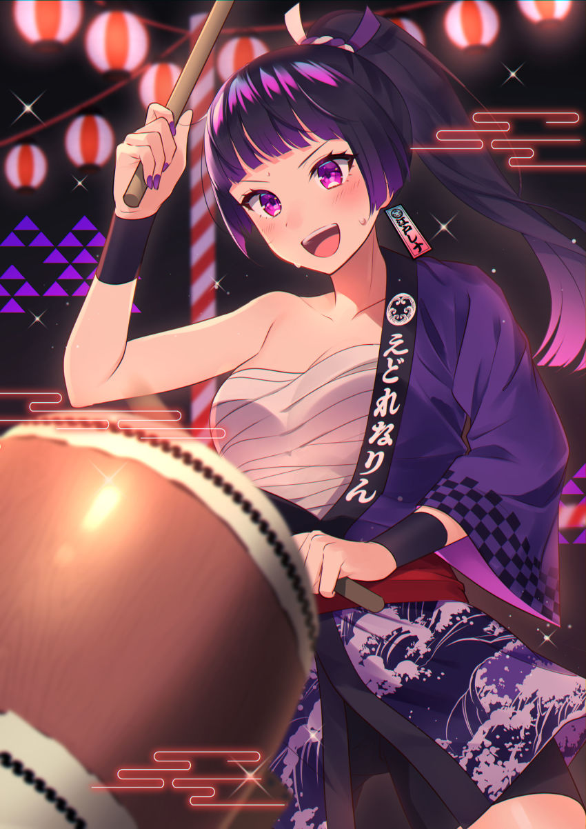 1girl, absurdres, bare_shoulders, breasts, collarbone, commentary_request, commission, drum, drumsticks, earrings, edo_lena, fingernails, haruyuki_(snowdrop), highres, holding, holding_drumsticks, indie_virtual_youtuber, instrument, japanese_clothes, jewelry, kimono, lantern, medium_breasts, nail_polish, obi, open_clothes, open_kimono, open_mouth, paper_lantern, ponytail, purple_eyes, purple_hair, purple_kimono, purple_nails, red_sash, sarashi, sash, skeb_commission, solo, teeth, upper_teeth_only, virtual_youtuber