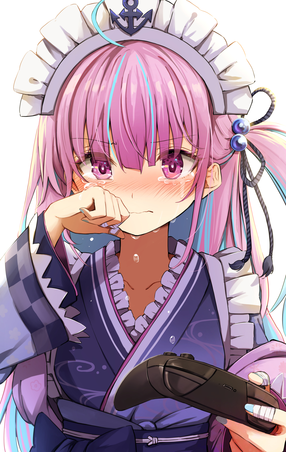 1girl, anchor_symbol, blush, commentary_request, controller, crying, frilled_kimono, frills