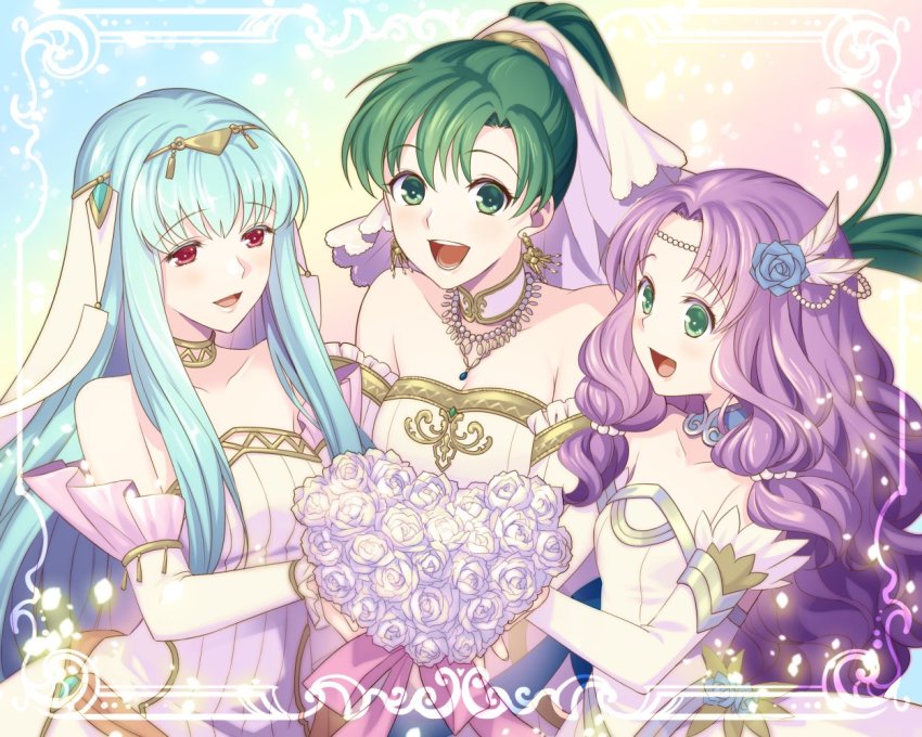 3girls, bare_shoulders, blue_hair, choker, dress, earrings, fire_emblem, fire_emblem:_the_blazing_blade