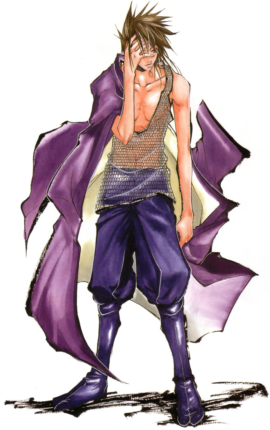 1boy, brown_eyes, brown_hair, fishnets, full_body, highres, male_focus, ninja, official_art, peace_maker_kurogane, robe, solo, spiked_hair, tank_top, yamazaki_susumu, yamazaki_susumu_(peace_maker_kurogane)
