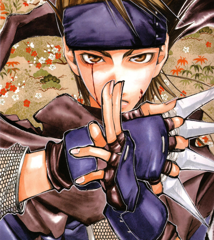 1boy, blood, brown_eyes, brown_hair, fighting_stance, fingerless_gloves, fishnets, gloves, headband, highres, kunai, male_focus, ninja, peace_maker_kurogane, scarf, solo, weapon, yamazaki_susumu, yamazaki_susumu_(peace_maker_kurogane)