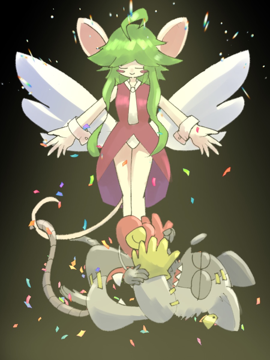 1girl, 2boys, ahoge, animal_ears, blush_stickers, breasts, gloves, green_hair, heart_(mad_rat_dead), highres, leotard, mad_rat, mad_rat_dead, mouse_(animal), mouse_ears, mouse_girl, mouse_tail, multiple_boys, nippon_ichi, pieta_pose, rat_god, red_eyes, stitches, tail, tie_clip, wings, wrist_cuffs