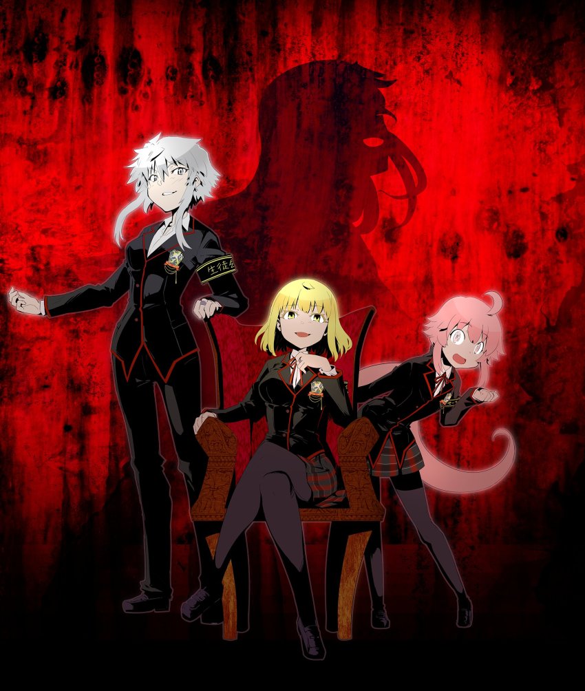 3girls, ahoge, black_footwear, black_legwear, blonde_hair, breasts, chair, corbeau_(madoka_magica)