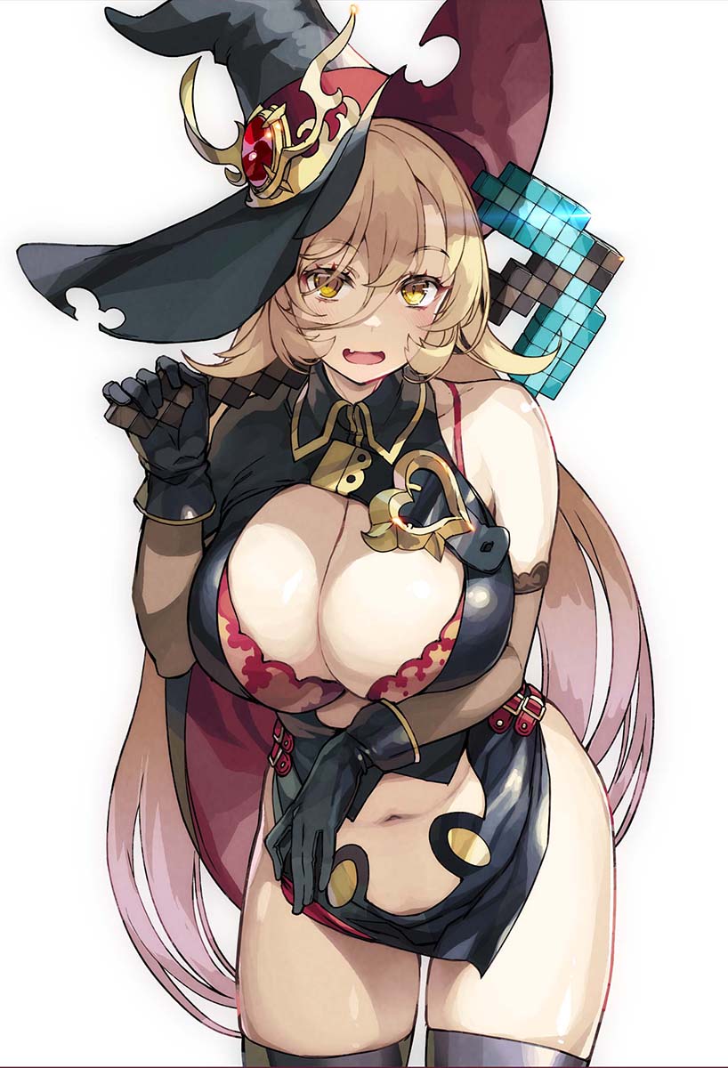 1girl, black_gloves, black_thighhighs, blonde_hair, blush, bra, bra_peek, bra_strap