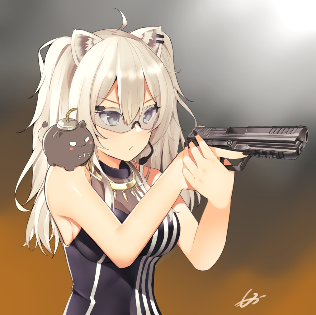 1girl, ahoge, aiming, animal_ears, black_nails, black_shirt, breasts, cleavage