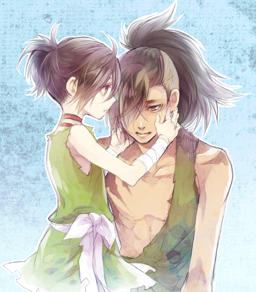 2boys, androgynous, arm_wrap, bags_under_eyes, black_hair, blue_background, brown_eyes, dororo_(character)