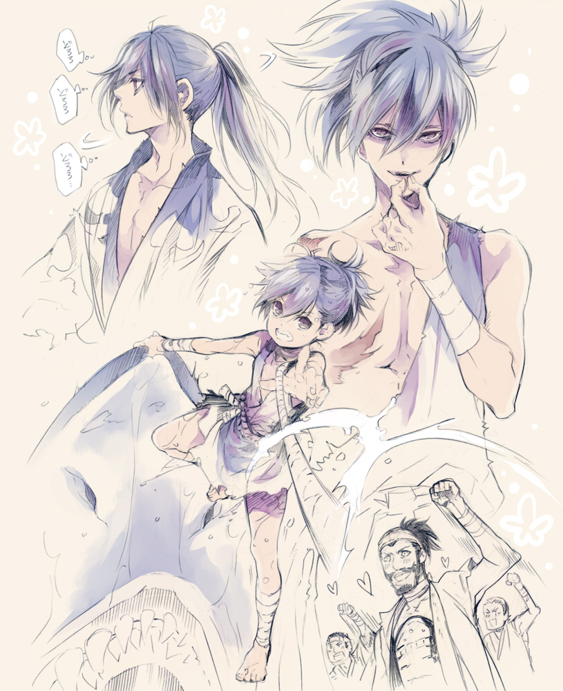 6+boys, amputee, arm_up, arm_wrap, beard, clenched_hand, dororo_(character), dororo_(tezuka)