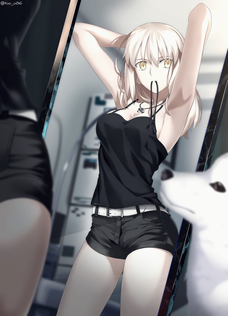 1girl, angra_mainyu_(fate), armpits, arms_behind_head, arms_up, artoria_pendragon_(fate), belt, black_ribbon, black_shirt, black_shorts, blurry, blurry_background, breasts, cavall_ii_(fate), collarbone, commentary, depth_of_field, dog, fate/stay_night, fate_(series), foo_(pixiv54892036), long_hair, looking_at_viewer, medium_breasts, mirror, mirror_image, mouth_hold, official_alternate_costume, possessed, possession, ribbon, ribbon_in_mouth, saber_alter, saber_alter_(ver._shinjuku_1999), saber_alter_(ver._shinjuku_1999)_(fate), samoyed_(dog), shirt, short_shorts, shorts, sleeveless, sleeveless_shirt, solo, tying_hair, white_belt, white_dog, yellow_eyes