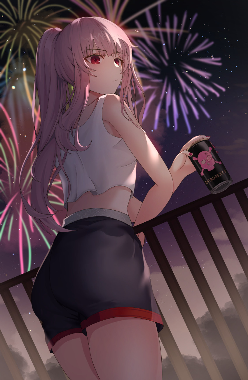 1girl, absurdres, aerial_fireworks, against_railing, alternate_costume, ass, bare_arms, black_shorts, blurry, blurry_background, can, cloud, commentary, cowboy_shot, crop_top, dutch_angle, expressionless, fingernails, fireworks, from_behind, from_below, highres, holding, holding_can, hololive, hololive_english, hwa_n01, long_hair, looking_to_the_side, mori_calliope, nail_polish, night, outdoors, pink_hair, ponytail, railing, red_eyes, red_nails, shirt, shorts, skull_and_crossbones, sky, sleeveless, sleeveless_shirt, solo, standing, star_(sky), starry_sky, very_long_hair, virtual_youtuber, white_shirt