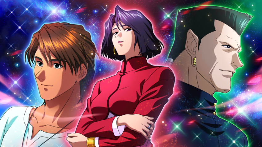 1girl, 2boys, 1990s_(style), blue_hair, breasts, brown_hair, crossed_arms, earrings