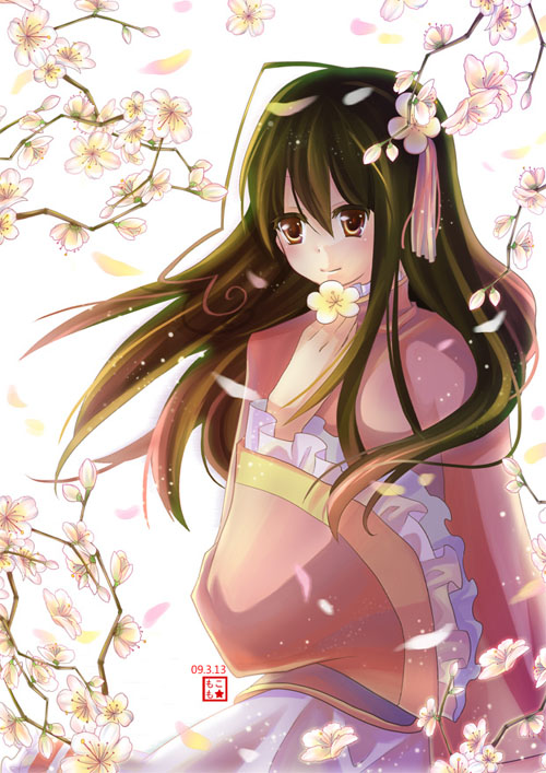 00s, 1girl, ahoge, alternate_costume, axis_powers_hetalia, black_hair, bow, changpao, cherry_blossoms, chinese_clothes, female_focus, flower, frills, hair_bow, hair_ornament, long_hair, momoko_(artist), momoko_(momoko14), plum_blossoms, smile, solo, taiwan_(hetalia), wide_sleeves, yellow_eyes