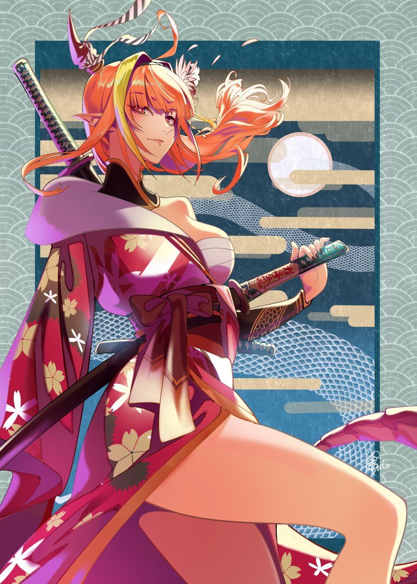 1girl, absurdres, ahoge, bandages, bare_shoulders, black_hairband, black_nails, blonde_hair