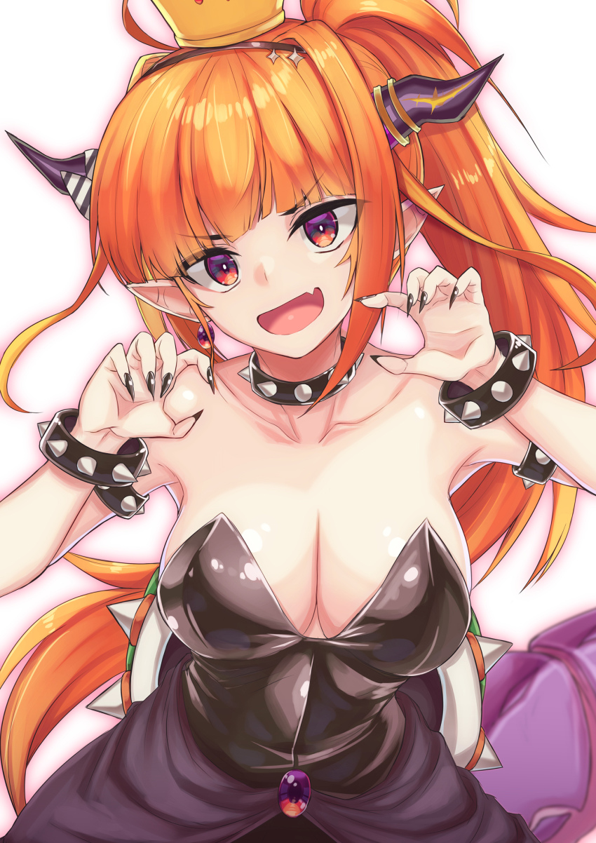 1girl, ahoge, armlet, armpits, bare_shoulders, black_leotard, black_nails, blonde_hair, blunt_bangs, bow, bowsette, bowsette_(cosplay), bracelet, breasts, brown_hairband, claw_pose, cleavage, collar, collarbone, commentary_request, cosplay, crown, diagonal-striped_bow, dragon_girl, dragon_horns, dragon_tail, earrings, fang, fingernails, gem, hair_intakes, hairband, hands_up, highres, hololive, horn_bow, horn_ornament, horns, jewelry, kiryu_coco, large_breasts, leotard, long_fingernails, long_hair, looking_at_viewer, mario_(series), multicolored_eyes, multicolored_hair, nail_polish, new_super_mario_bros._u_deluxe, nintendo, open_mouth, orange_hair, pointy_ears, ponytail, purple_eyes, ral_(ralf), red_eyes, shiny_clothes, sidelocks, simple_background, skin_fang, smile, solo, spiked_armlet, spiked_bracelet, spiked_collar, spiked_shell, spikes, strapless, strapless_leotard, streaked_hair, striped_bow, tail, turtle_shell, upper_body, very_long_hair, virtual_youtuber, white_background