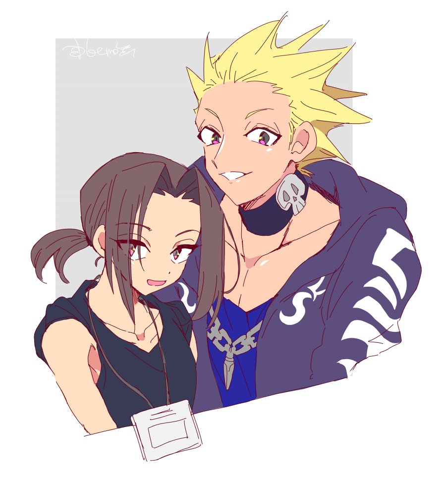 2boys, 777_(subarashiki_kono_sekai), black_jacket, blonde_hair, brown_hair, collar, eyebrows, futoshi_(subarashiki_kono_sekai)