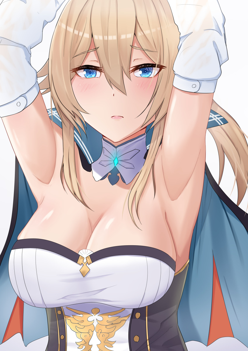 1girl, absurdres, armpits, arms_up, bare_shoulders, blonde_hair, blue_capelet, blue_eyes