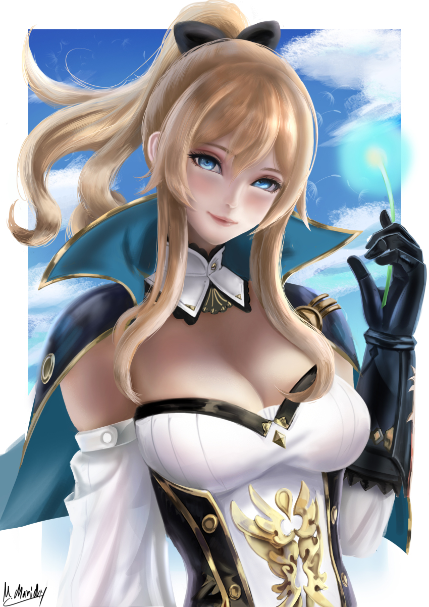 1girl, absurdres, bare_shoulders, black_bow, black_gloves, blonde_hair, blue_capelet, blue_eyes, blue_sky, bow, breasts, capelet, cleavage, cloud, commentary, day, detached_sleeves, genshin_impact, gloves, hair_bow, hand_up, highres, jean_(genshin_impact), k.chanichy, large_breasts, long_hair, looking_at_viewer, sidelocks, signature, sky, smile, solo, strapless, tube_top, upper_body