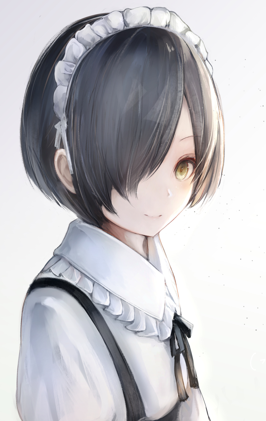 1girl, asymmetrical_hair, black_hair, brown_eyes, hair_over_one_eye, highres, looking_at_viewer, maid