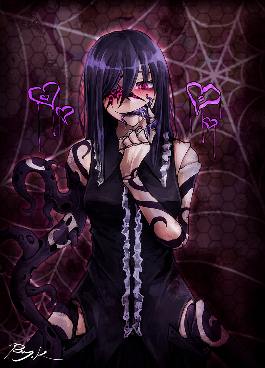 1girl, ageha_(ray-k), black_dress, blush, butterfly_affection, center_frills, colored_tongue, commentary_request, doll_joints, dress, earrings, extra_pupils, frilled_shirt_collar, frills, hair_between_eyes, heart, highres, jewelry, joints, long_hair, looking_at_viewer, making-of_available, monster_girl, original, parted_lips, purple_hair, purple_tongue, ray-k, signature, sleeveless, sleeveless_dress, slit_pupils, smile, solo, spider_web_background, tentacles, tongue, tongue_out, upper_body