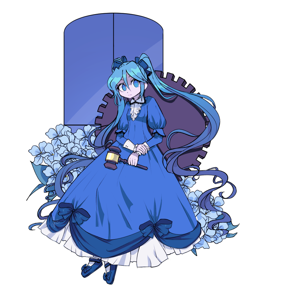 aqua_eyes, aqua_hair, blue_dress, blue_shoes, bow, chaban_capriccio_(vocaloid), clockworker's_doll, dress, dress_bow, evillious_nendaiki, flower, frilled_dress, frills, gavel, gears, hair_ribbon, hammer, hatsune_miku, holding, holding_hammer, holding_own_wrist, houtei_no_nushi, hydrangea, juliet_sleeves, lcfz, long_hair, long_sleeves, mary_janes, master_of_the_court_(vocaloid), pale_skin, puffy_sleeves, ribbon, shoes, solo, twintails, very_long_hair, victorian, vocaloid, window