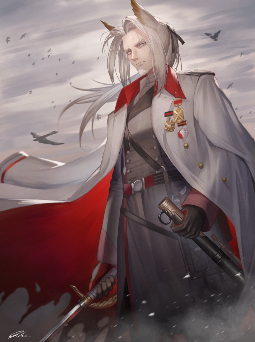 1boy, absurdres, animal_ears, arknights, bird, black_gloves, black_jacket, closed_mouth, cloud, cloudy_sky, coat, coat_on_shoulders, cowboy_shot, facial_hair, flying, gloves, goatee, hellagur_(arknights), hellagur_(octopath_illusion)_(arknights), highres, holding, holding_sheath, holding_sword, holding_weapon, huge_filesize, jacket, long_hair, long_sleeves, looking_at_viewer, male_focus, military, military_uniform, official_alternate_costume, outdoors, ponytail, scabbard, sheath, signature, sky, solo, soyogi_iori_(ioriwu8), standing, sword, weapon, white_coat, white_hair, yellow_eyes