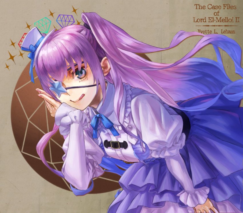 1girl, belt, blue_bow, blue_eyes, bow, brown_background, character_name, commentary_request