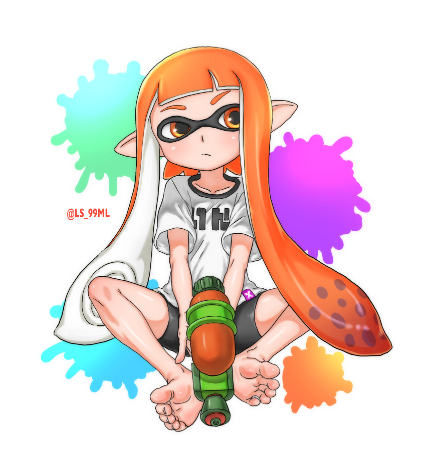 1girl, absurdres, artist_name, barefoot, bike_shorts, black_shorts, blunt_bangs, casual, child, closed_mouth, collarbone, colored_eyebrows, facing_viewer, feet, female_focus, flat_chest, gun, highres, holding, holding_weapon, ink, inkling_player_character, legs, long_hair, looking_to_the_side, monster_girl, neck, nintendo, orange_eyes, orange_hair, paint_gun, paint_splatter, pointy_ears, print_shirt, shiny_skin, shirt, short_shorts, short_sleeves, shorts, simple_background, sitting, skin_tight, soles, splash-o-matic_(splatoon), splatoon_(series), splatter_background, squid_girl, tentacle_hair, tentacles, thighs, toe_scrunch, toenails, toes, tsukimaru_(ls_99ml), twitter_username, weapon, white_shirt