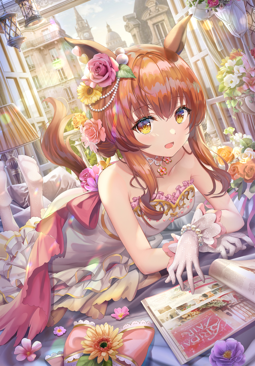 1girl, :d, animal_ears, bare_shoulders, breasts, brown_hair, city, collarbone
