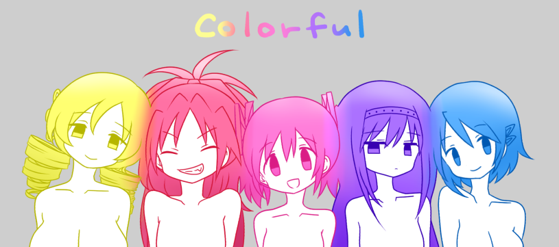 5girls, akemi_homura, arms_at_sides, blonde_hair, blue_eyes, blue_hair, blue_outline, breasts