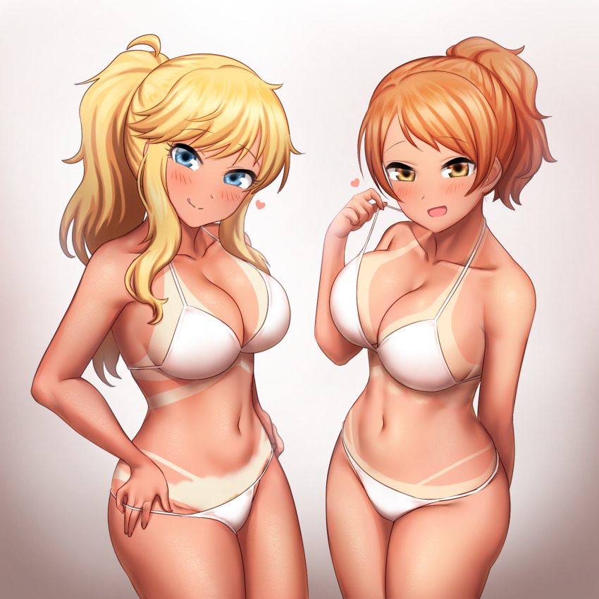 2girls, :q, bare_arms, bikini, bikini_pull, bikini_tan, blonde_hair, blue_eyes