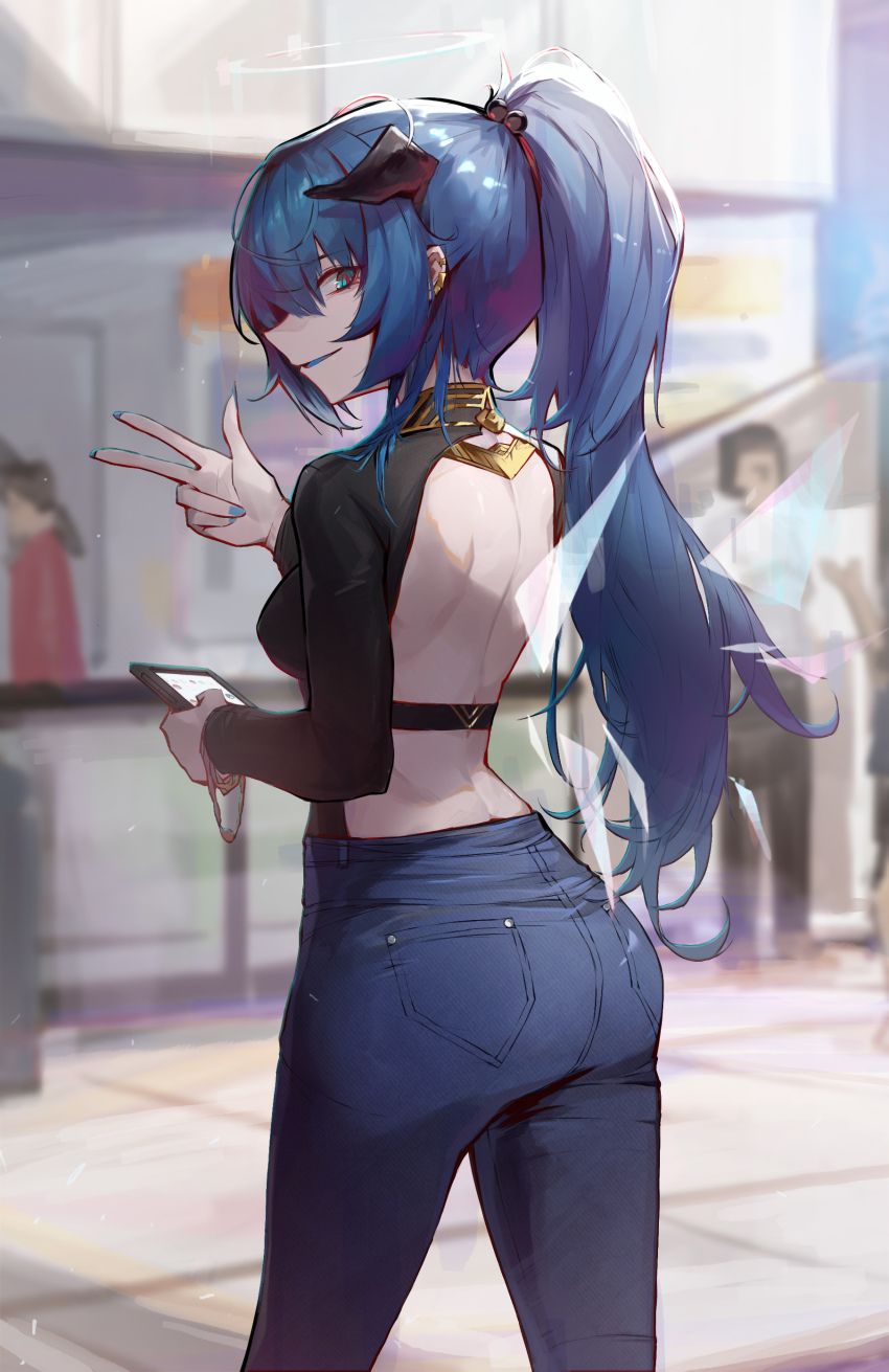 1girl, absurdres, alternate_costume, alternate_hairstyle, arknights, ass, back, backless_outfit, bare_back, blue_eyes, blue_hair, blue_nails, blue_tongue, breasts, casual, cellphone, colored_tongue, commentary_request, day, denim, detached_wings, ear_piercing, energy_wings, feet_out_of_frame, from_behind, halo, highres, holding, holding_phone, horns, jeans, long_sleeves, looking_at_viewer, looking_back, mostima_(arknights), nail_polish, outdoors, pants, parted_lips, phone, piercing, ponytail, qingfeng_canying, small_breasts, smartphone, smile, solo_focus, standing, standing_on_one_leg, v, wings