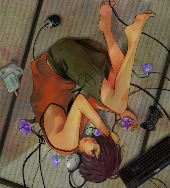 00s, 1boy, bad_id, bad_pixiv_id, barefoot, cable, child, computer_mouse, controller, dark_skin, dell, feet, flower, food, game_console, game_controller, headphones, ikezawa_kazuma, indoors, instrument, isago_(ica), keyboard, male_focus, morning_glory, playstation_3, playstation_controller, popsicle, solo, summer_wars, tan, tatami, wire