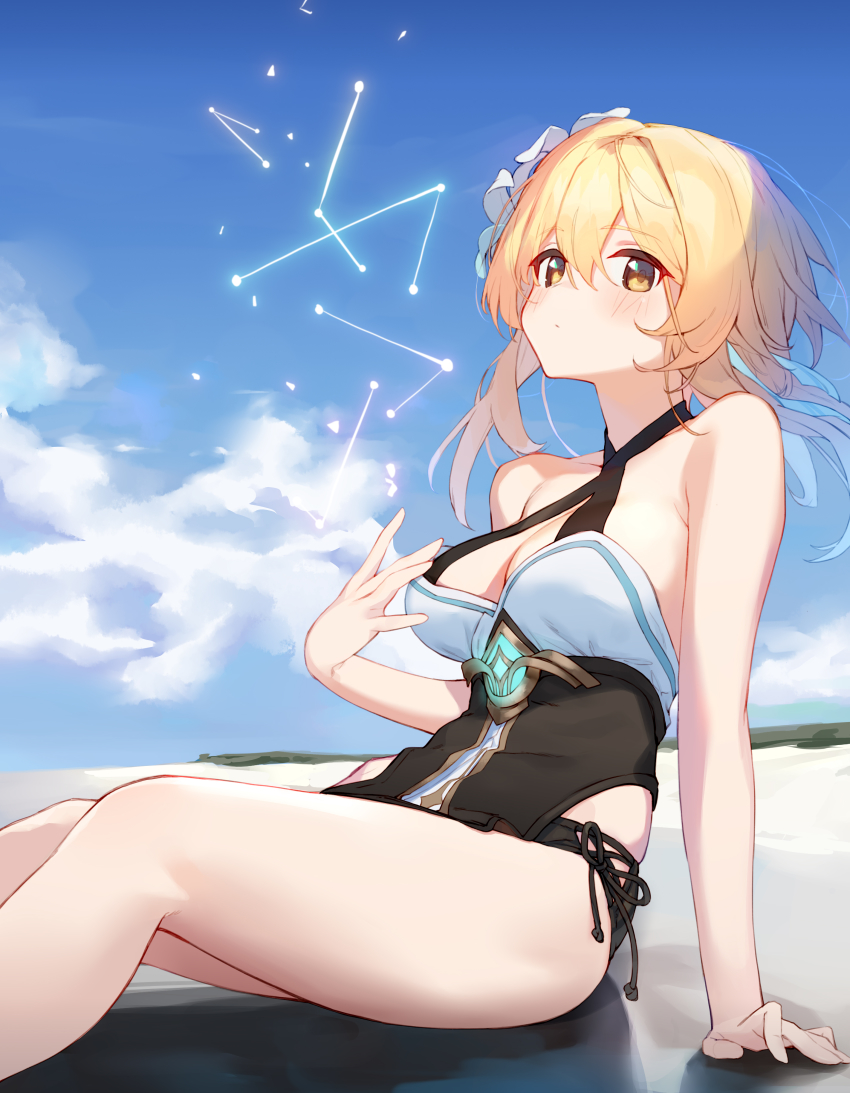 1girl, absurdres, arm_support, bare_legs, beach, blonde_hair, blue_sky, blush