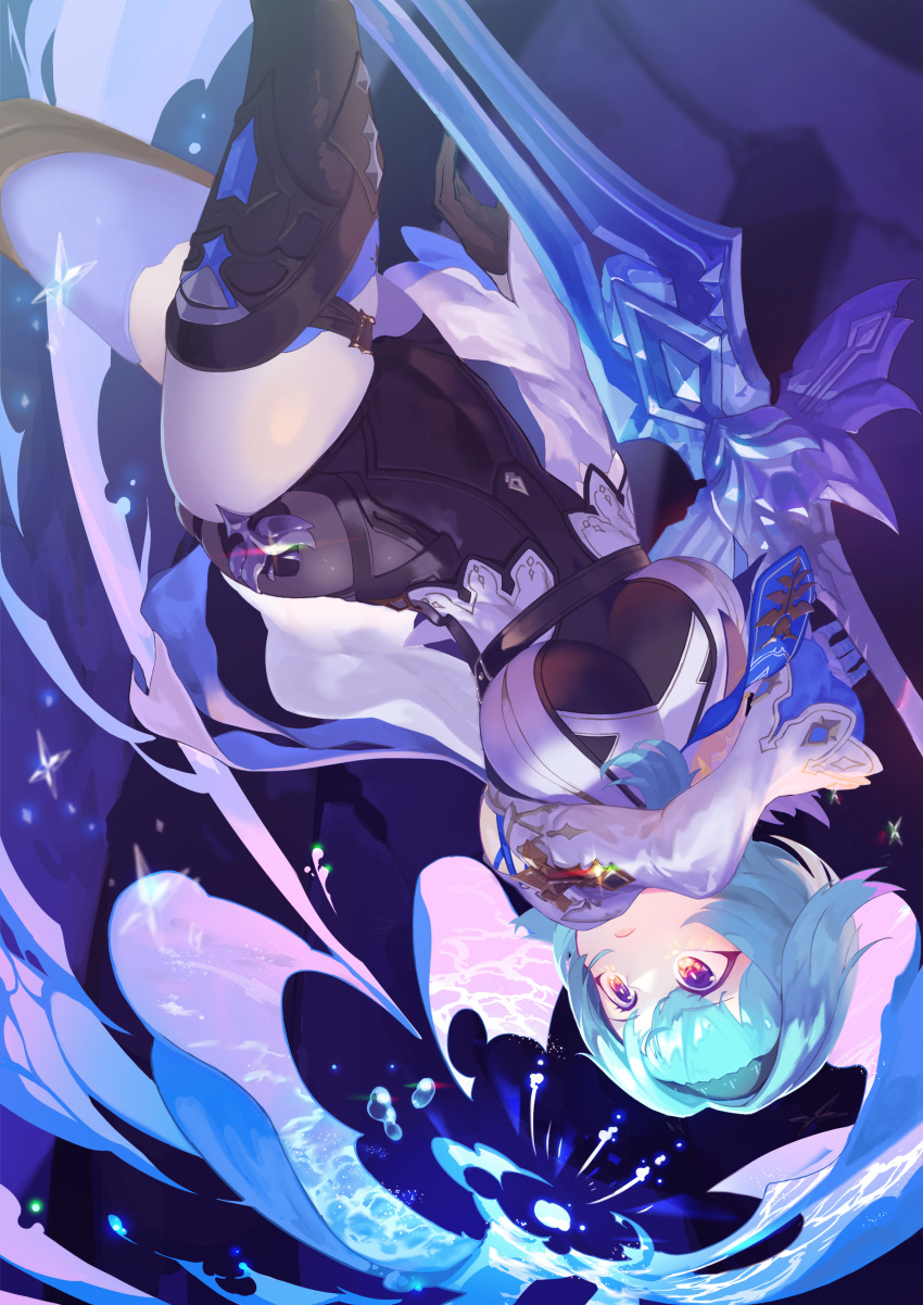 1girl, absurdres, black_hairband, black_leotard, blue_hair, blue_necktie, boots, breasts