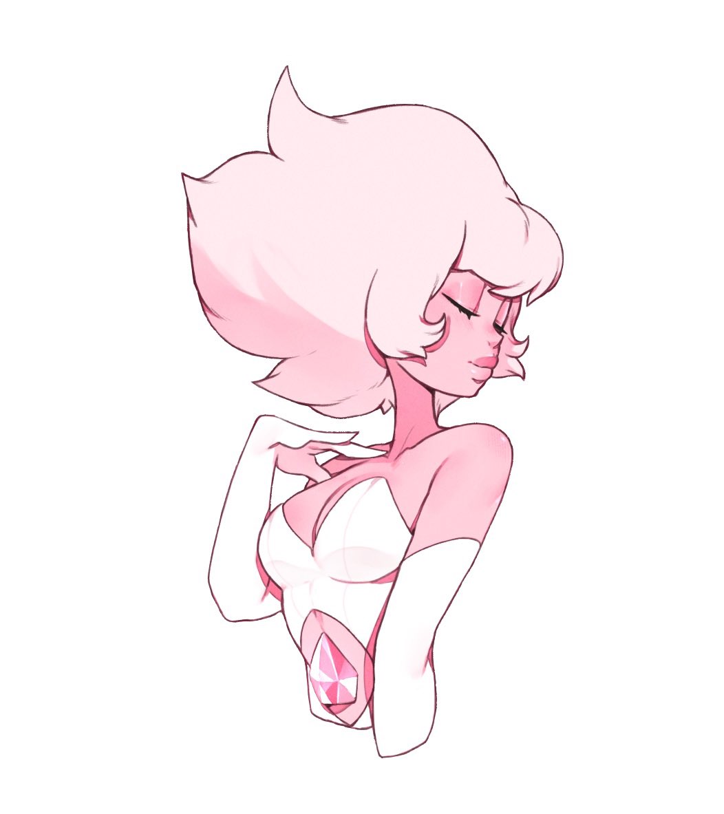 1girl, breasts, cleavage, closed_eyes, colored_skin, cropped_torso, elbow_gloves, eyeshadow, gem, gloves, light_smile, makeup, medium_breasts, pink_diamond_(steven_universe), pink_eyes, pink_eyeshadow, pink_skin, punipaws, short_hair, solo, steven_universe, thick_lips, upper_body, white_background, white_gloves