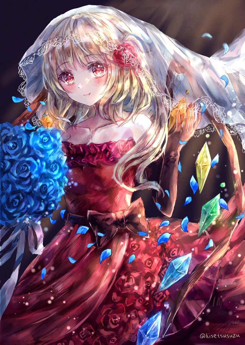 blonde_hair, blue_flower, blue_rose, blush, bouquet, breasts, bridal_veil, brown_background