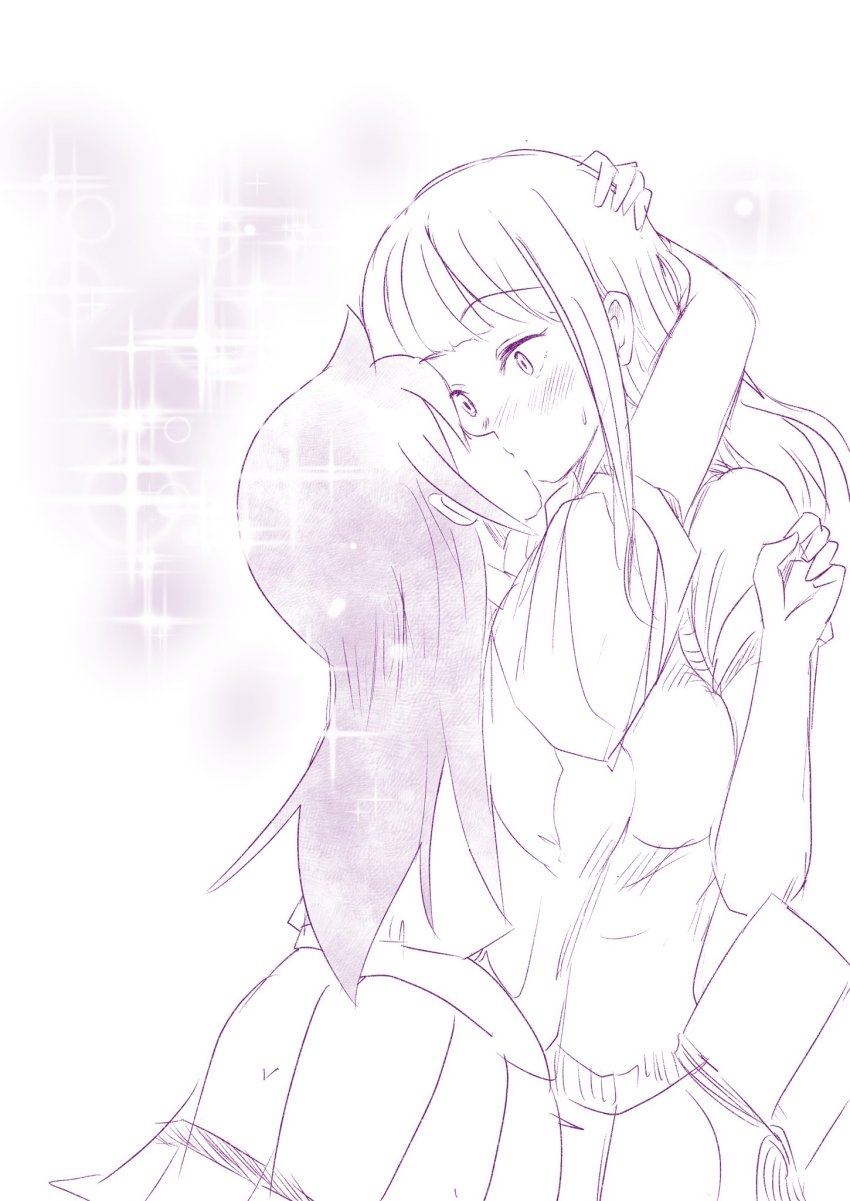 2girls, blunt_bangs, blush, book, hand_on_another's_head, height_difference, highres, katou_asuka, kiss, kuroki_tomoko, motomiki, multiple_girls, school_uniform, sketch, sparkle, surprised, watashi_ga_motenai_no_wa_dou_kangaetemo_omaera_ga_warui!, yuri
